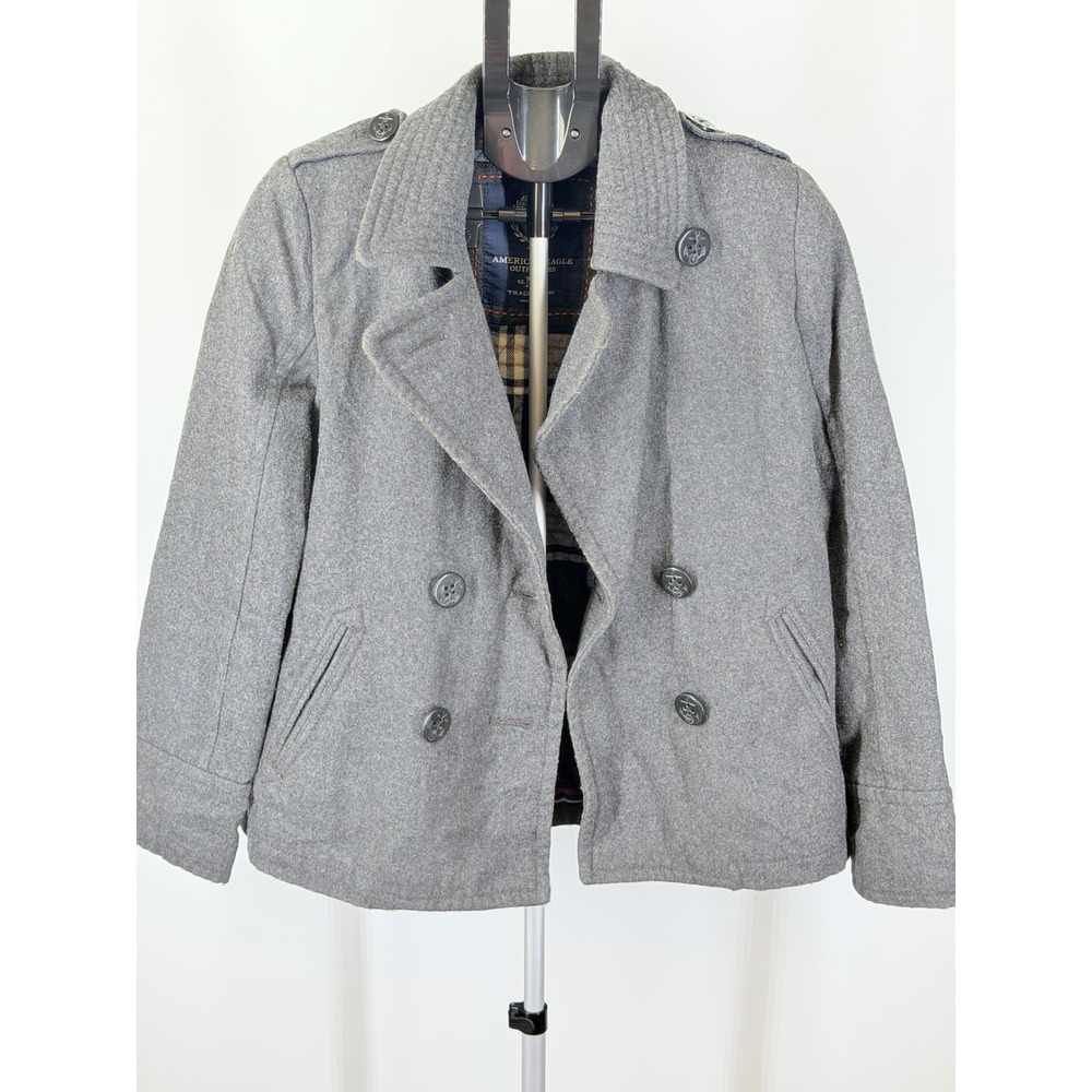 American Eagle Grey Wool Blend Plaid Lined Pea Coat Jacket Womens Medium